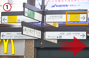 水戸駅改札を出て、右側に進んでください。「北口」の方向です。