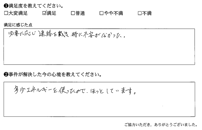 必要に応じ連絡を頂き、特に不安がなかった